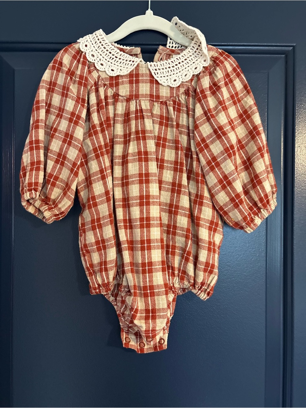 Rylee + Cru Rust and Cream Plaid One-Piece with Crochet Collar